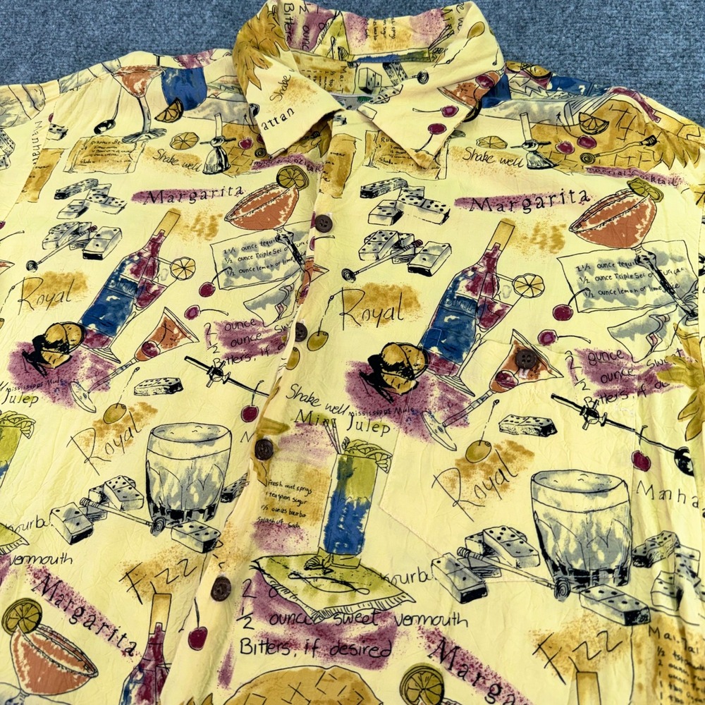 Tori Richard Shirt Mens‎ Large Yellow Hawaiian Cocktail Recipe Print Rayon USA